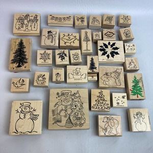 Stampin Up Winter Christmas Rubber Stamp Lot 30+ Snowman Poinsettia Snowflake